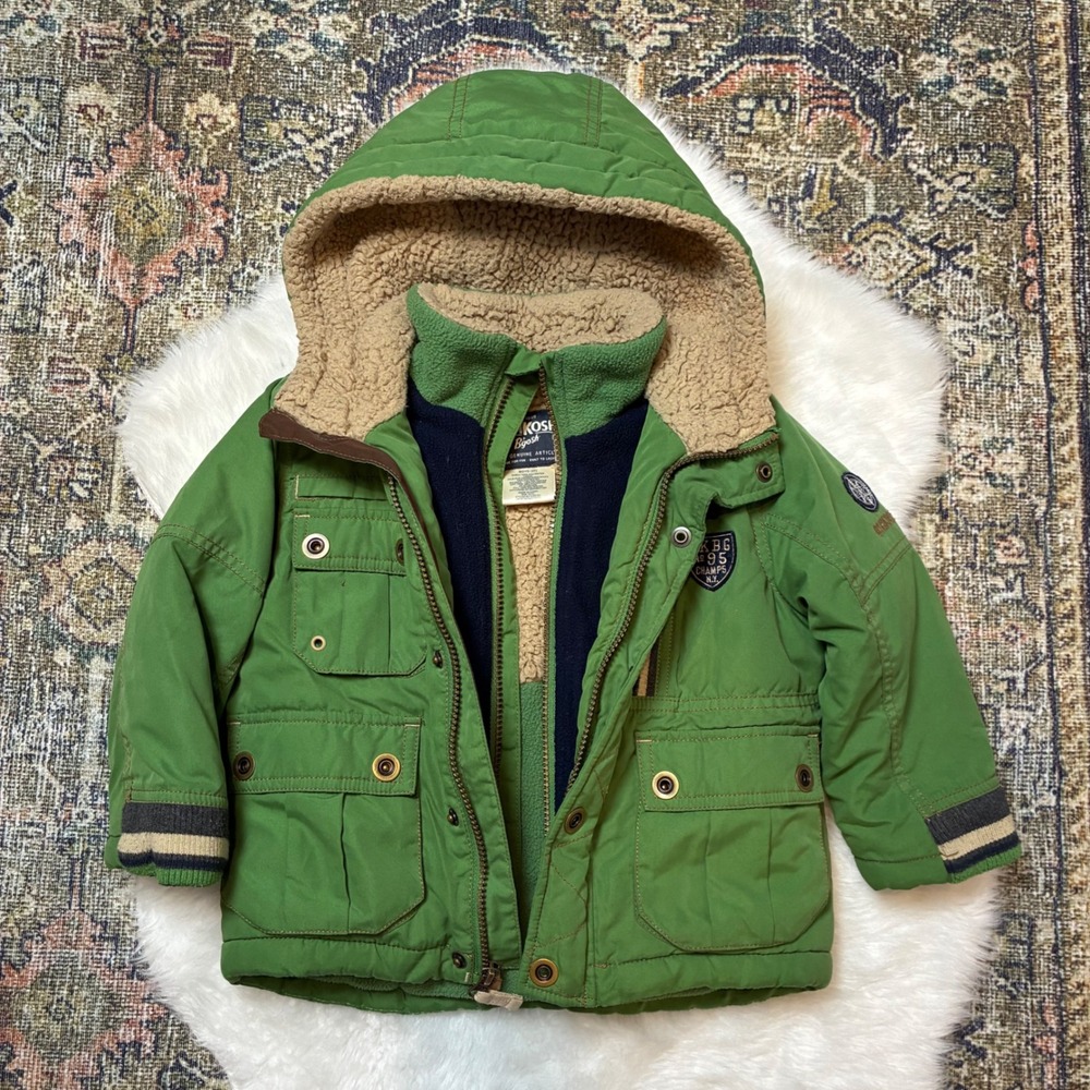 OshKosh Bgosh Boys Green Sherpa  Vintage coat Jacket Sz 3T winter Snow Ski